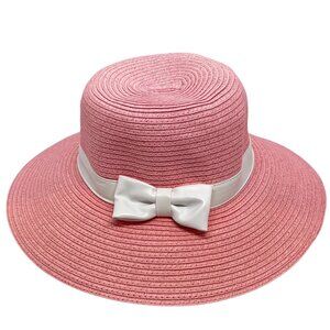 Janie and Jack Courtside Prep Pink Straw Sun Hat W/ White Bow For Girls Size 4-5